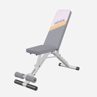 WalkingPad MATE-FB1 folding weight bench in gray and pink, set to incline