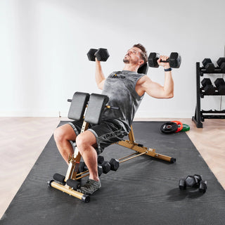 Man pressing dumbbells on the WalkingPad MATE-WB1 Roman chair set to incline
