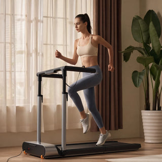 Woman running on the WalkingPad MX3 treadmill in a room with curtains and a plant