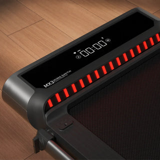 Close view of the lit LED display and light bar on the WalkingPad MX3
