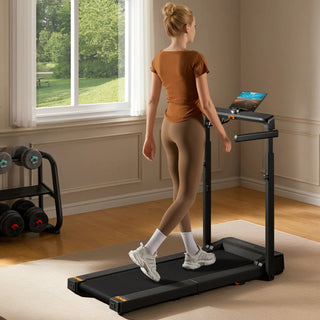 Woman walking on the WalkingPad MX8 treadmill in a sunlit room