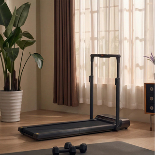 WalkingPad R3 Hybrid treadmill open with the handrail up beside a window
