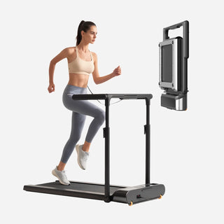 Woman running on the WalkingPad R3 Hybrid Plus treadmill with a folded unit standing behind her