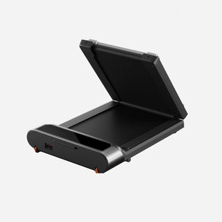 WalkingPad R3 treadmill half folded, showing the hinge in the deck