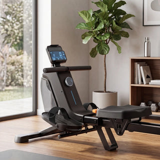 WalkingPad RM1 magnetic rowing machine open and ready to use beside a plant