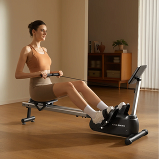 Woman rowing on the WalkingPad RW001 on a wooden floor beside a cabinet