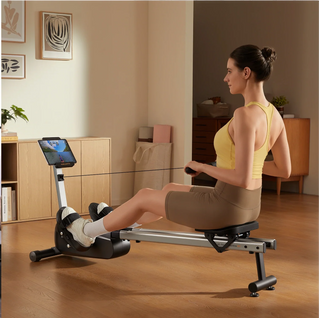 Woman mid stroke on the WalkingPad RW001 rowing machine