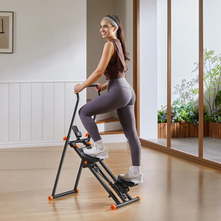 Woman training on the WalkingPad SC1 stair stepper in front of a mirrored wall