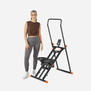 Woman standing next to the WalkingPad SC1 stair stepper for scale