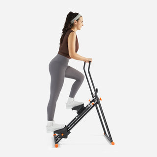 Woman mid-step on the WalkingPad SC1 stair stepper, seen from the side