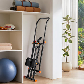 WalkingPad SC1 stair stepper folded and stored beside a shelving unit