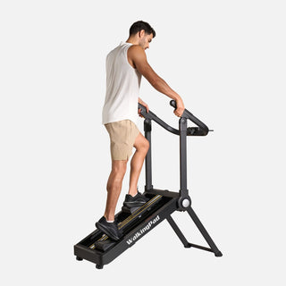 Man climbing on the WalkingPad Stair Stepper, seen from the side
