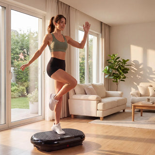 Woman moving on the WalkingPad V1 vibration plate in a sunlit room
