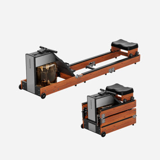 WalkingPad WM10 tri-fold water rowing machine shown open and folded side by side