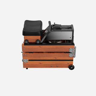 Folded WalkingPad WM10 water rowing machine with its transport wheels in view