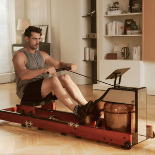 Man rowing on the WalkingPad WM10 water rowing machine at home