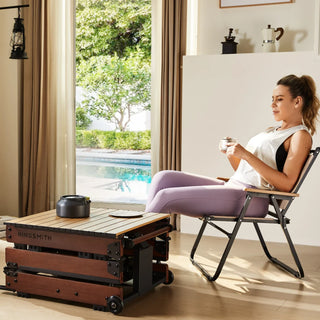 WalkingPad WR3L folded flat and used as a low table beside a chair