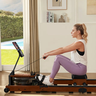 Woman rowing on the WalkingPad WR3L in a bright room with a tablet on the holder