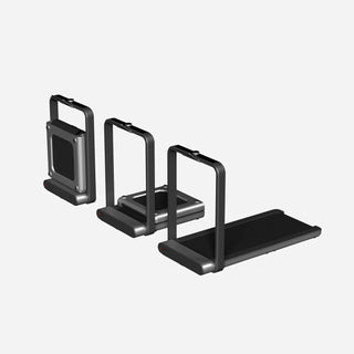 WalkingPad X21 treadmill shown folded upright, partly folded and fully open