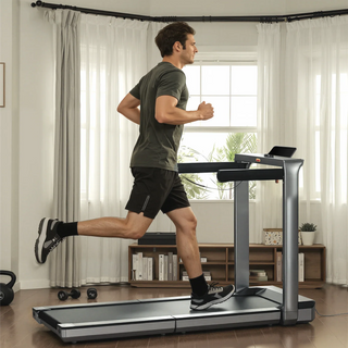 Man running on the WalkingPad X25 Plus treadmill in a bright room