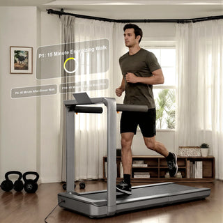 Man running on the WalkingPad X25 Plus treadmill with workout data shown beside him