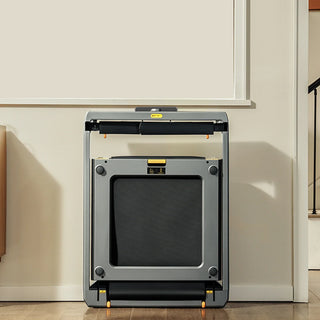 WalkingPad X25 Plus treadmill folded and stored upright against a wall