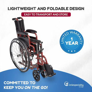 Foldable wheelchair with promotional text and a limited warranty badge on a white background