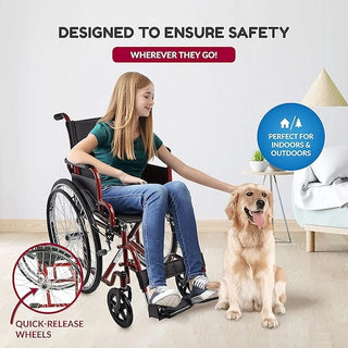Person in a wheelchair with a dog indoors, with text about safety features.