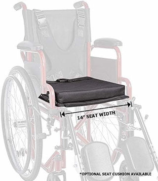 Wheelchair with a seat cushion and measurement label on a white background