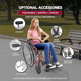 Person using a wheelchair with optional accessories in a park setting