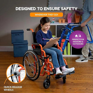Child in an orange wheelchair with safety features highlighted, indoors.