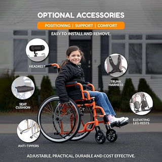 Child in an orange wheelchair with optional accessories displayed around them, set against a blurred outdoor background.