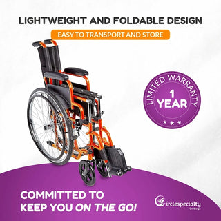 Orange wheelchair with text about lightweight design, ease of transport, and a one-year warranty on a purple and white background.