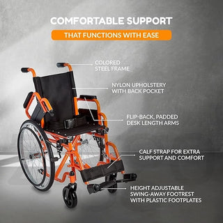 Orange wheelchair with labeled features on a gray background