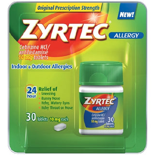 Zyrtec  Zyrtec® 954380_CS Allergy Relief 10 mg Strength Tablet packaging with green and orange design