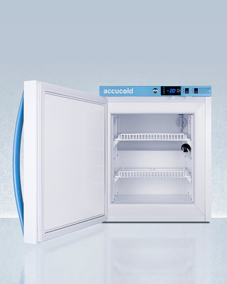 Accucold freezer with open door on a light gray background