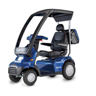 Afikim FTSP403 Afiscooter S4 SOLAR hybrid solar-powered mobility scooter in blue with integrated solar canopy, orthopedic seat, and outdoor design.