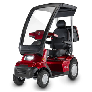Afikim FTSP403 Afiscooter S4 SOLAR hybrid solar-powered mobility scooter in red with integrated solar canopy, orthopedic rotating seat, and outdoor mobility design.