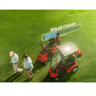 Afikim FTSP403 Afiscooter S4 SOLAR hybrid mobility scooter demonstrating integrated solar canopy charging for extended outdoor driving range.