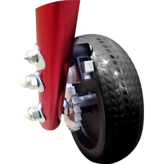 Circle Specialty KLIP Gait Trainer rear wheel unlocked position with red indicator closeup