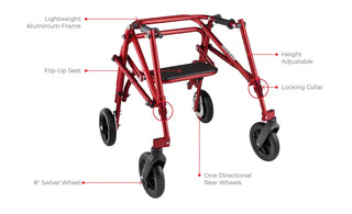 Circle Specialty KLIP Gait Trainer with padded seat and 8 inch wheels side view on white background