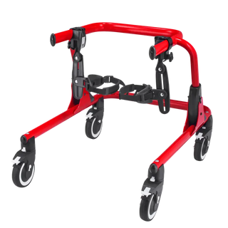 Circle Specialty Pivot Gait Trainer angle view with wheels and support harness on white background