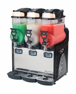 Eurodib OASIS3 commercial frozen slush dispenser with three 10L polycarbonate tanks and stainless steel body on white background