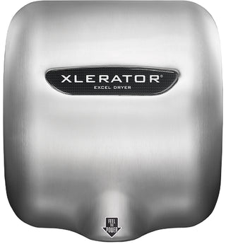 Excel Dryer XL-SB brushed stainless steel hand dryer with automatic sensor activation, high-speed drying technology, surface-mounted installation, and energy-efficient commercial restroom performance.