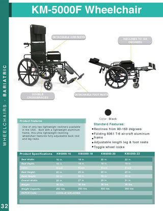 Karman KM5000 18" Lightweight Reclining Transport Wheelchair - Removable Desk Armrest-2