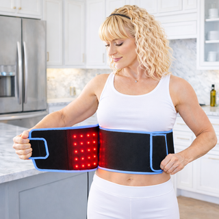 iReliev RL-507-BLUE back wrap lifestyle use with red light LEDs glowing