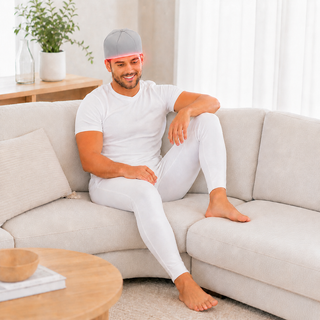 iReliev RL-D050 FullGlow red light therapy hat worn by male user