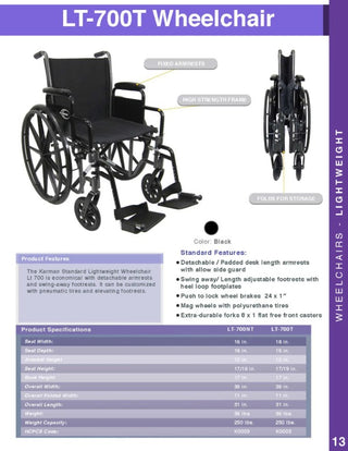 Karman KN-700T Adjustable-Height 18" Seat Steel Wheelchair – Removable Armrests, 39 lbs-4
