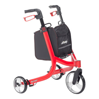 Drive Medical RTL10266TWHL Nitro® 3-Wheel Rollator, Red color with a bag on a white background