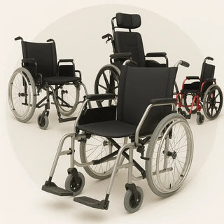 Four manual wheelchairs of different designs on a white background
